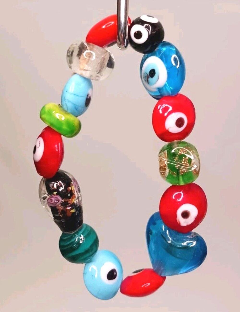 Vintage Artisan Evil Eye Art Glass Beads Beaded 7" Stretch Bracelet Multicolored